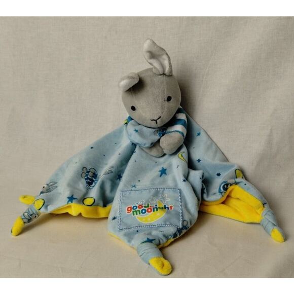 Goodnight Moon Bunny Rabbit Plush Lovey Security Blanket Blue Yellow - Knotted - Picture 1 of 5